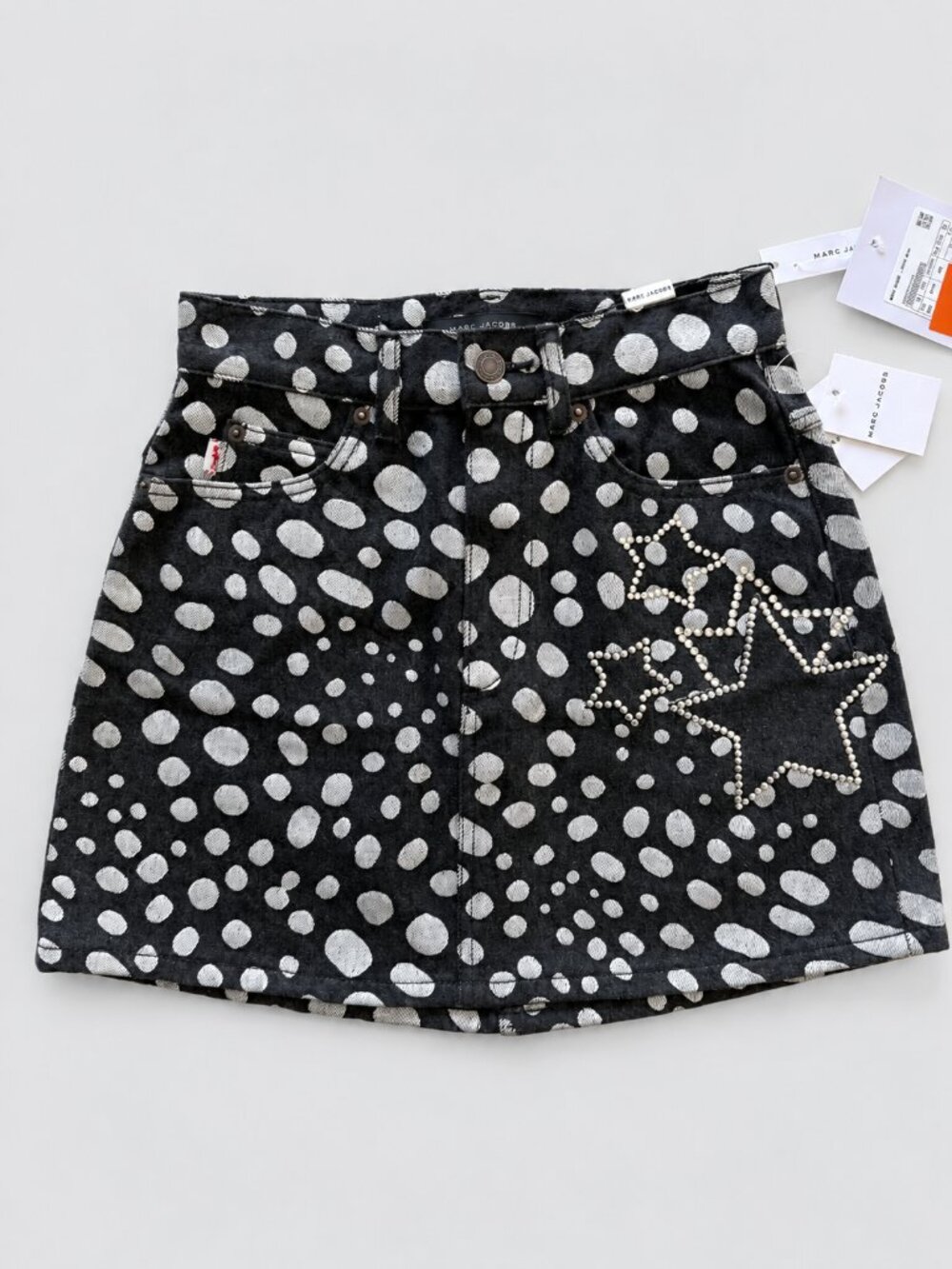 Marc Jacobs Black White Polka Dot Denim Mini Skirt Leather Logo Patch 25 NWT - Picture 2 of 15